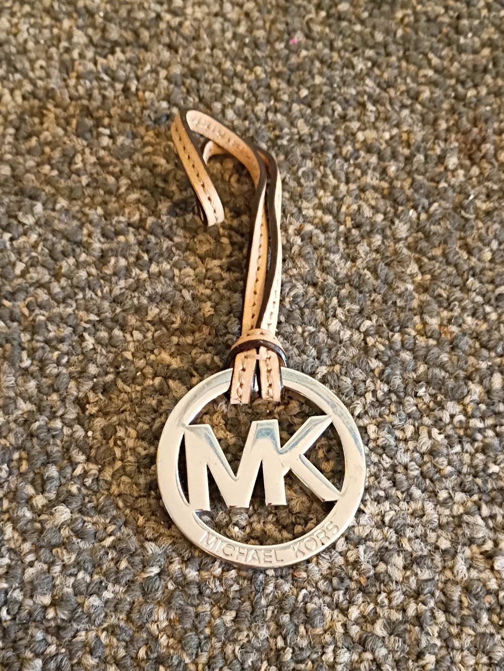 Michael Kors Silver MK Logo Charm with Tan Leather Loop
